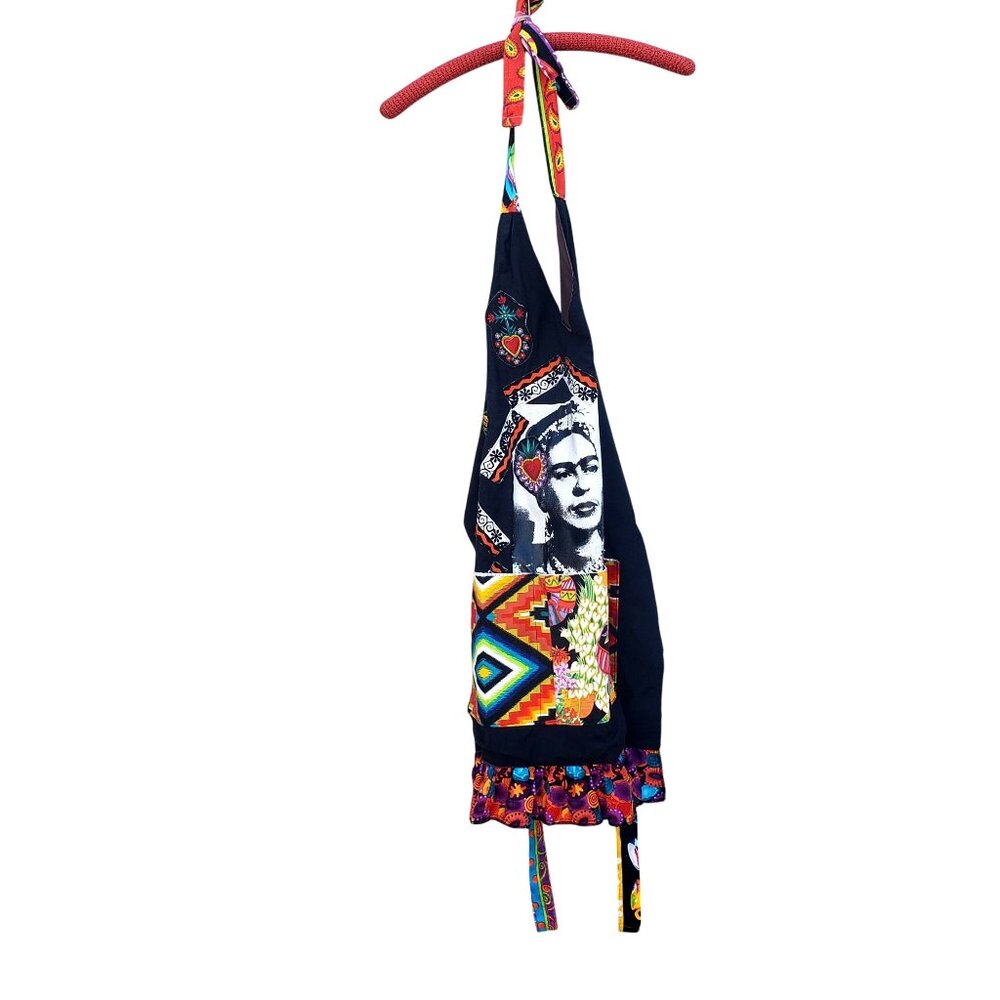 Frida Kahlo Bib Apron Colorful Handmade Black Cotton Plus Size XL Pockets - Picture 3 of 12